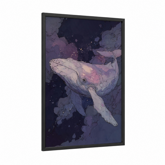 Ethereal Gray Whale framed art print — black wood frame — lavender and blue and white palette