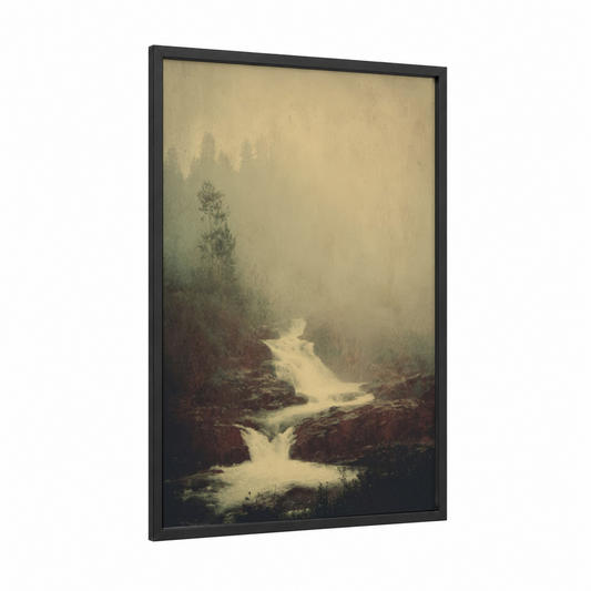 Misty Waterfall framed art print — black wood frame — beige and dark green palette