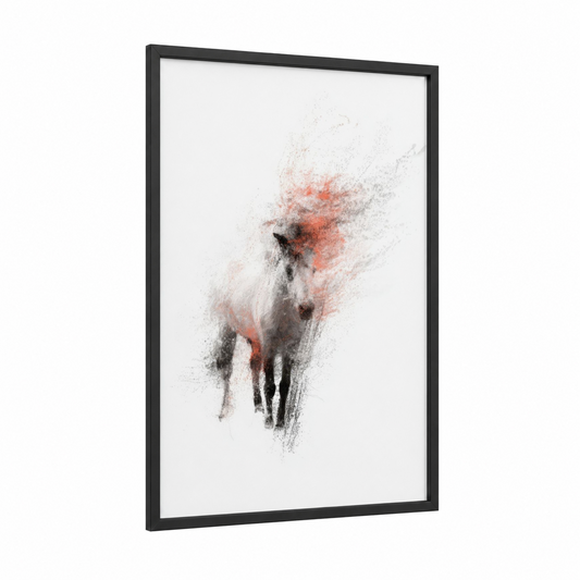 Windswept Miniature Horse framed art print — black wood frame — gray palette