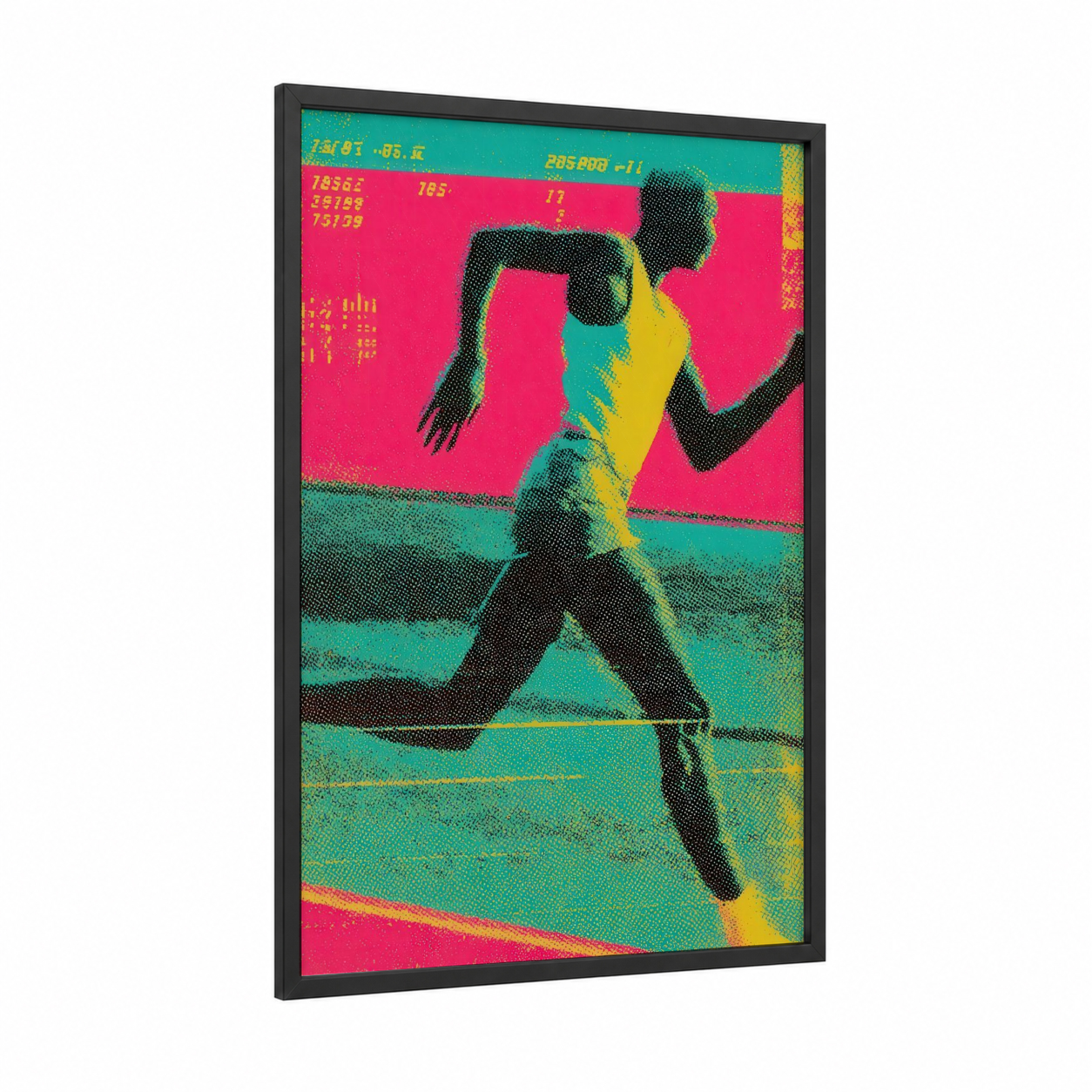 Neon Runner framed running print — black wood frame — magenta and turquoise palette