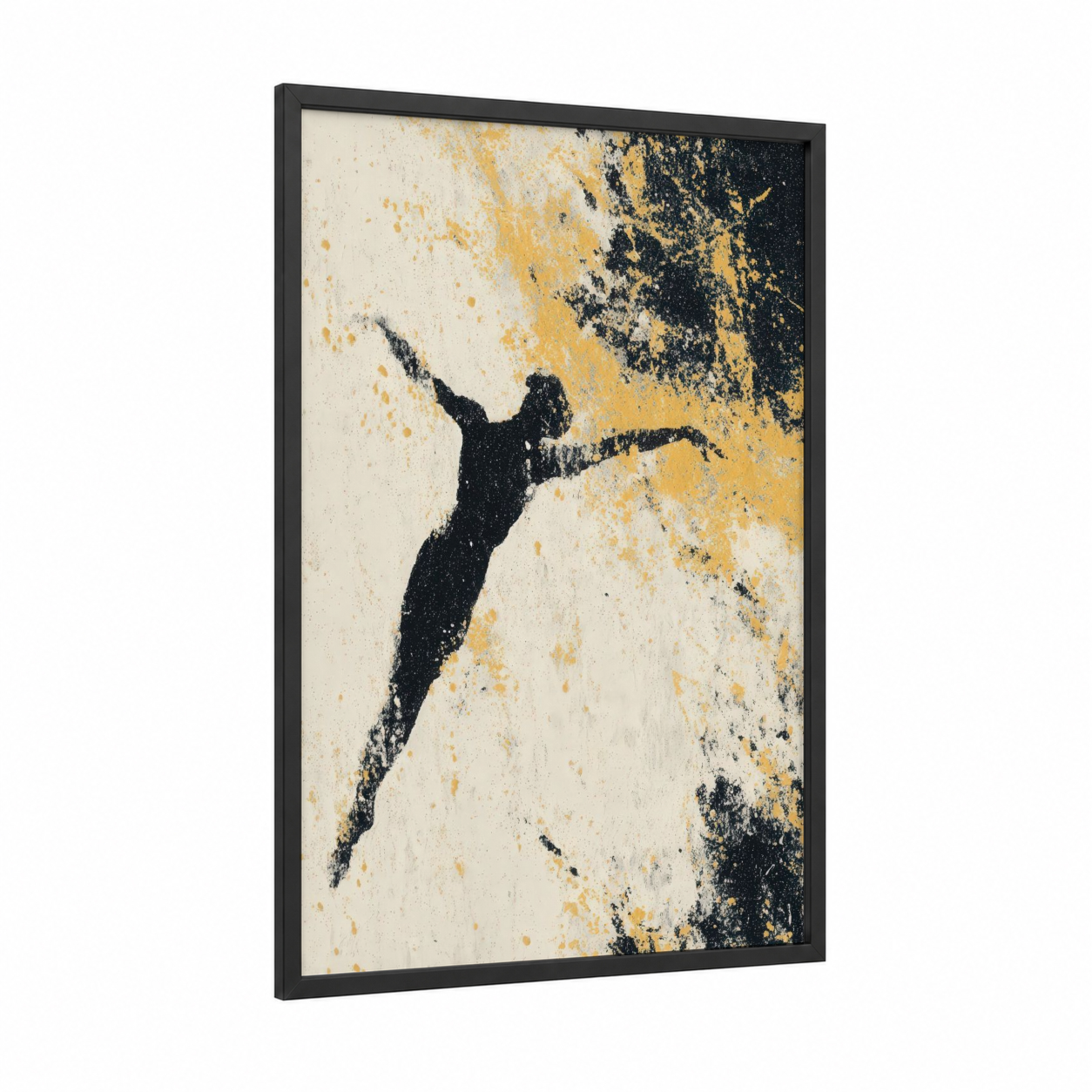 Dynamic Gymnast framed gymnastics print — black wood frame — black and gold and cream palette
