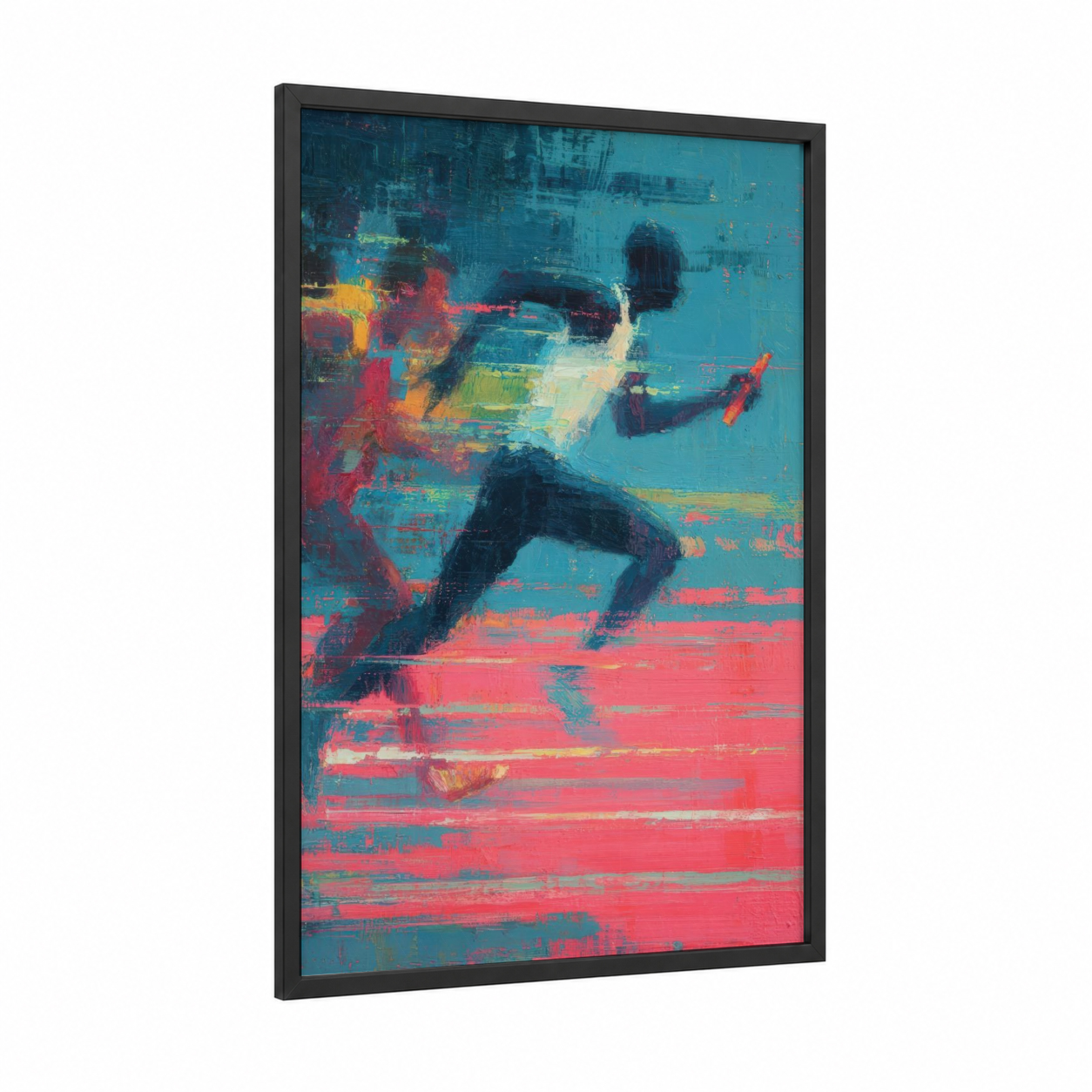 Dynamic Runner framed track and field print — black wood frame — teal and magenta palette