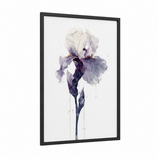 Purple Iris Watercolor framed art print — black wood frame — lavender and gray palette