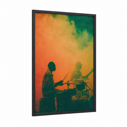 Vintage Reggae Band framed art print — black wood frame — orange and teal palette