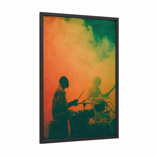 Vintage Reggae Band framed art print — black wood frame — orange and teal palette