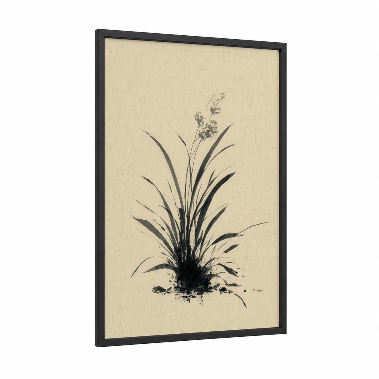 Ink Grass Study framed art print — black wood frame — black and white and cream palette