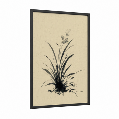 Ink Grass Study framed art print — black wood frame — black and white and cream palette