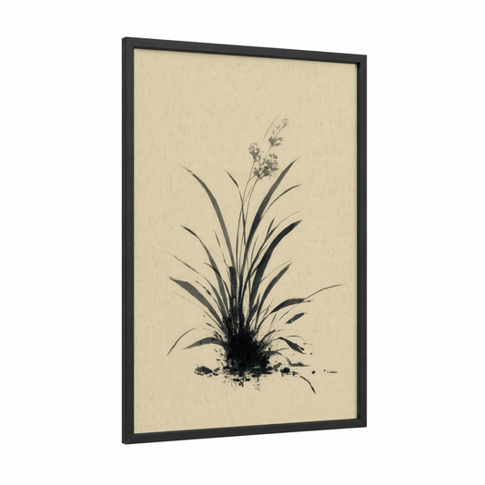 Ink Grass Study framed art print — black wood frame — black and white and cream palette