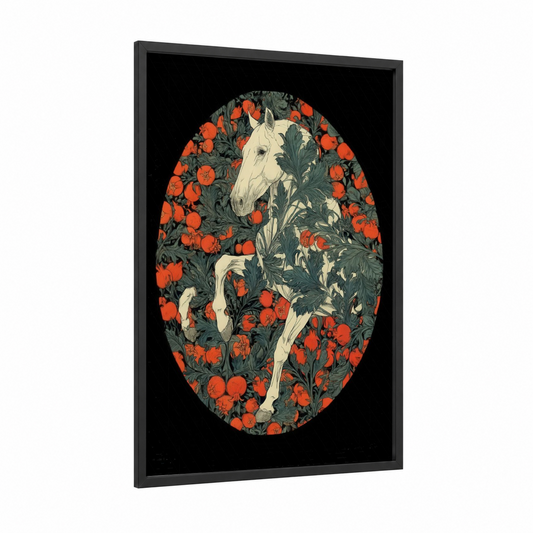 Pomegranate Andalusian framed andalusian horse print — black wood frame — red and dark green palette