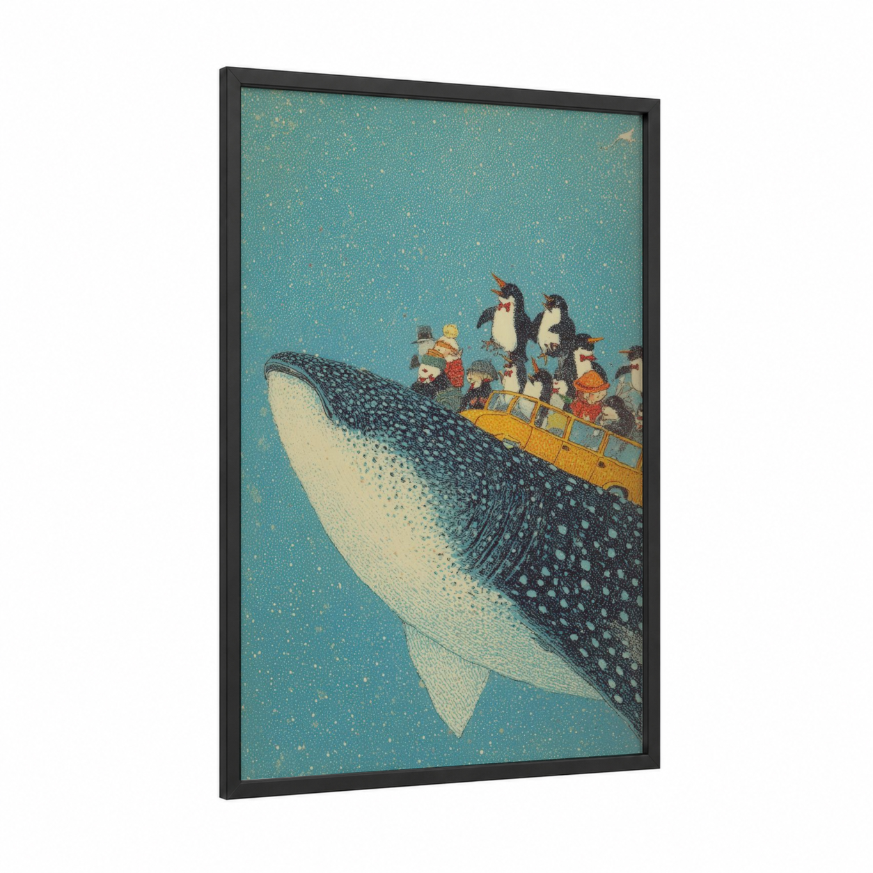 Whale Shark Adventure framed art print — black wood frame — teal and cream palette