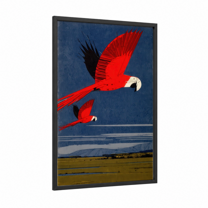Crimson Macaw Flight framed safari parrots print — black wood frame — red and dark blue palette