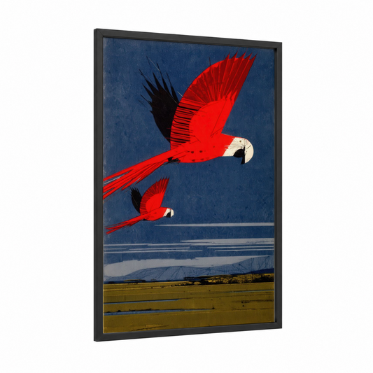 Crimson Macaw Flight framed safari parrots print — black wood frame — red and dark blue palette
