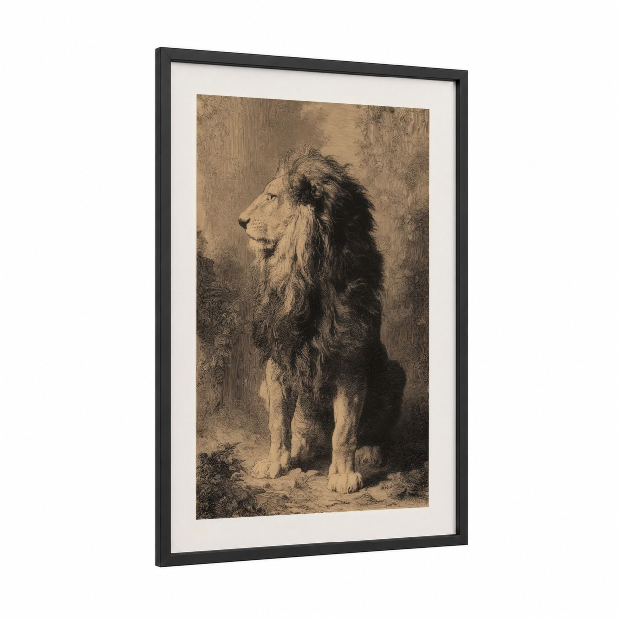Majestic Lion Profile framed art print — black wood frame — black and white and nobel palette