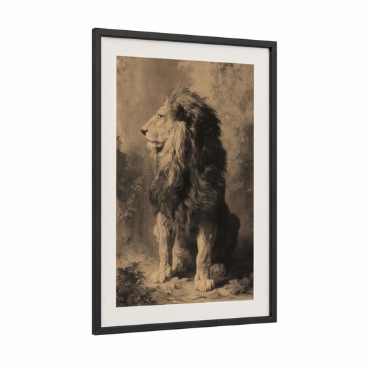 Majestic Lion Profile framed art print — black wood frame — black and white and nobel palette