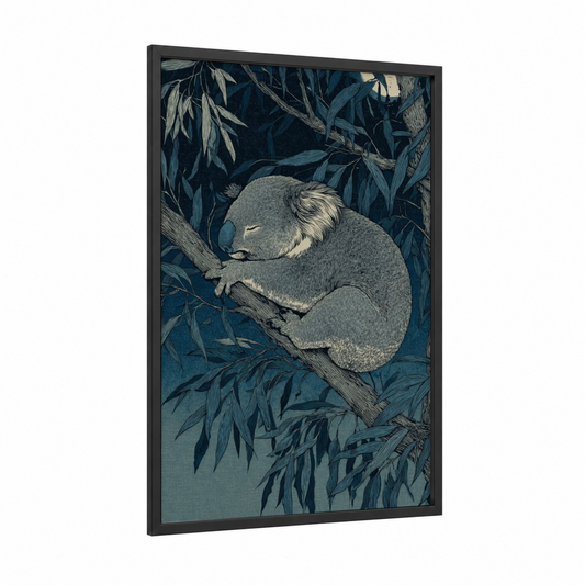 Sleeping Koala framed art print — black wood frame — dark blue and gray and white palette