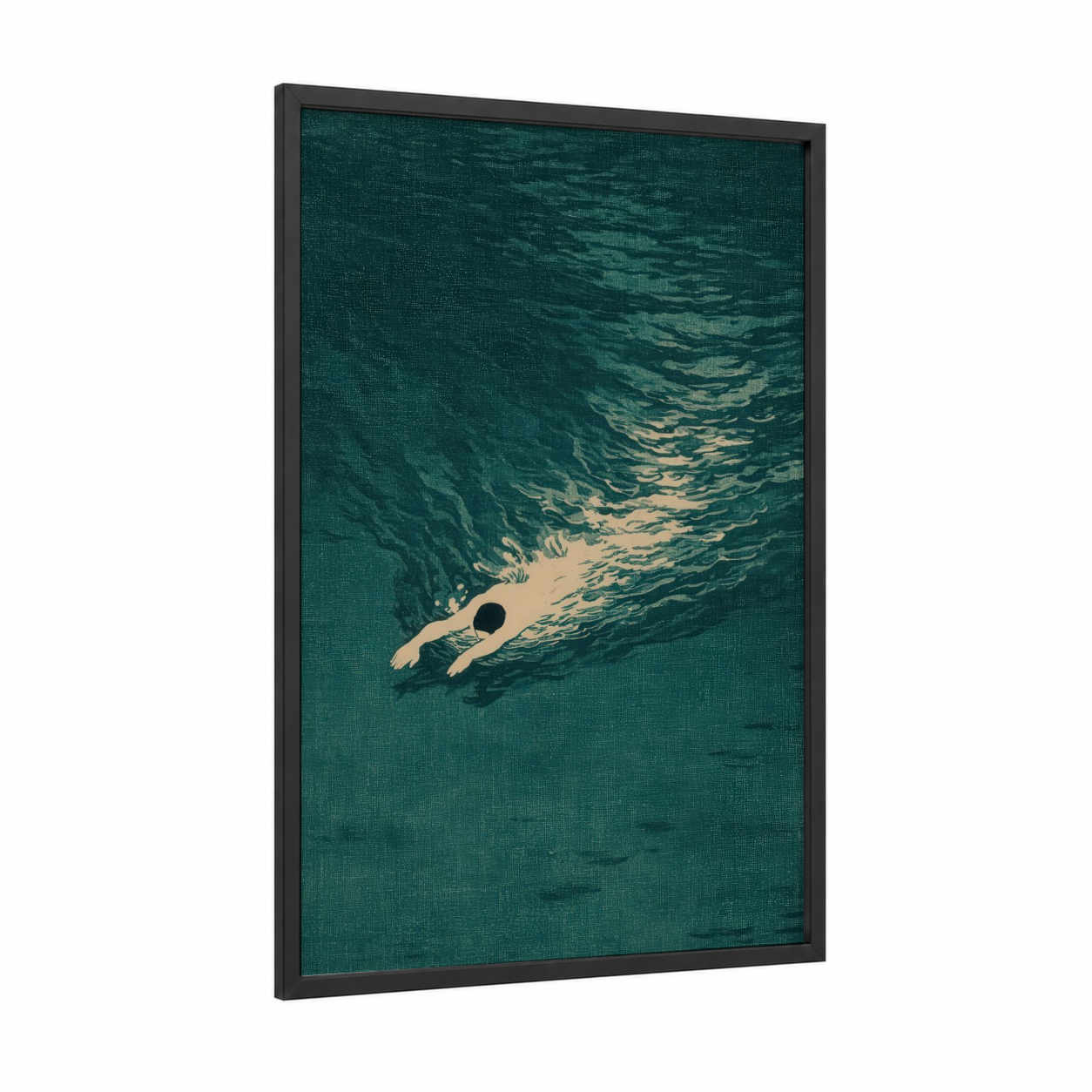Solitary Swimmer framed swimming print — black wood frame — teal and cream palette