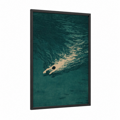 Solitary Swimmer framed swimming print — black wood frame — teal and cream palette