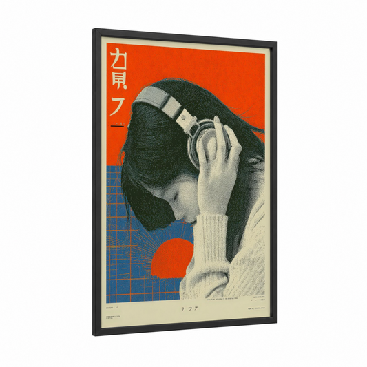 Retro Camera Girl framed japanese y2k print — black wood frame — orange and blue palette