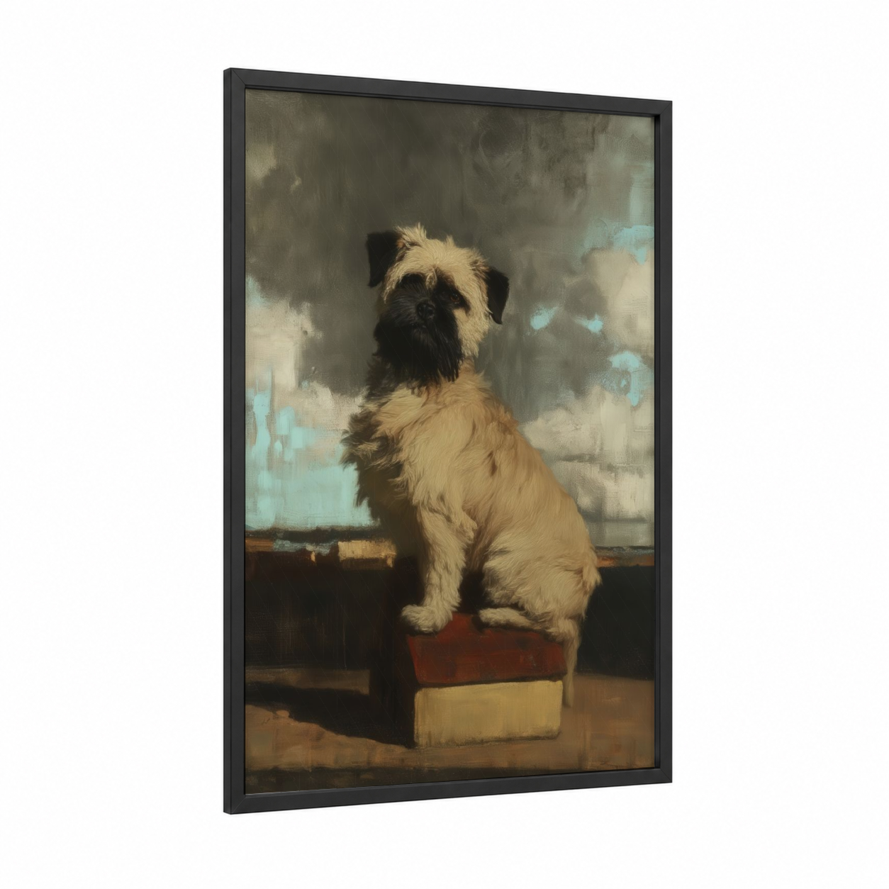 Contemplative Terrier framed art print — black wood frame — gray and cream palette