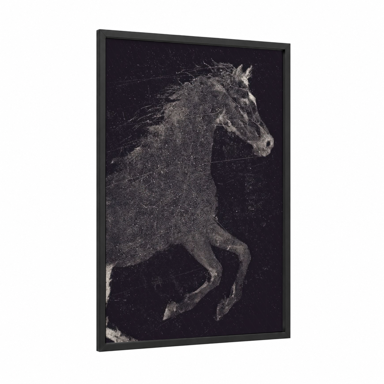 Celestial Arabian framed arabian horse print — black wood frame — black and white and silver palette