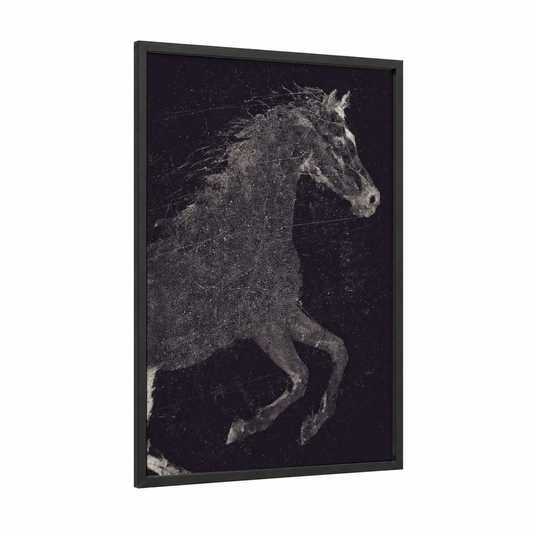 Celestial Arabian framed arabian horse print — black wood frame — black and white and silver palette
