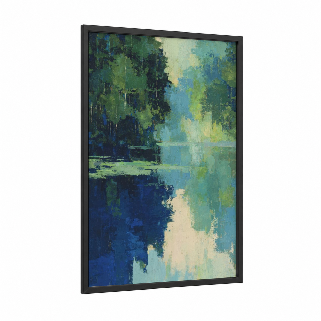 Forest Reflection framed earth day print — black wood frame — blue and green and cream palette