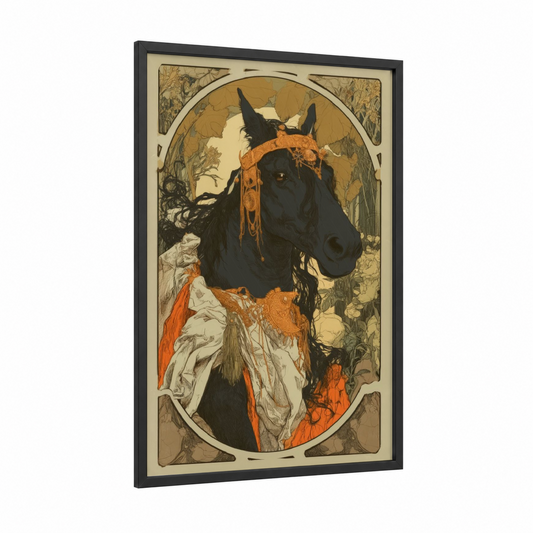 Ornate Miniature Horse framed art print — black wood frame — gold and black palette