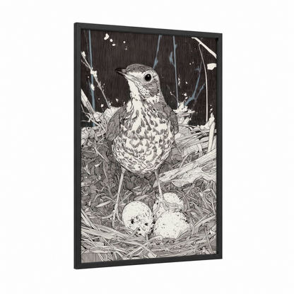 Nesting Thrush framed art print — black wood frame — black and white palette