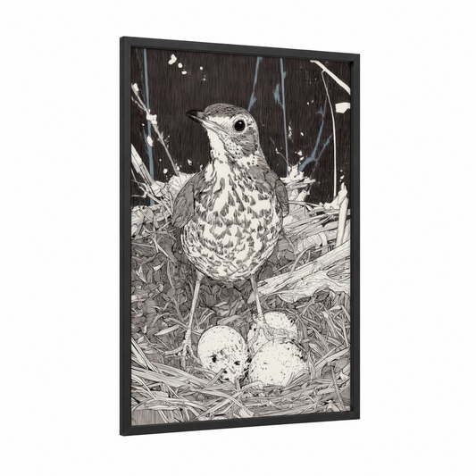 Nesting Thrush framed art print — black wood frame — black and white palette