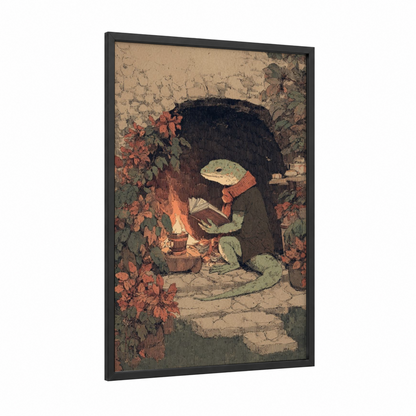 Reading Lizard framed art print — black wood frame — sage green and russet palette