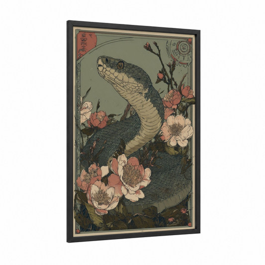 Cobra Among Blossoms framed rattlesnake print — black wood frame — sage green and salmon pink palette
