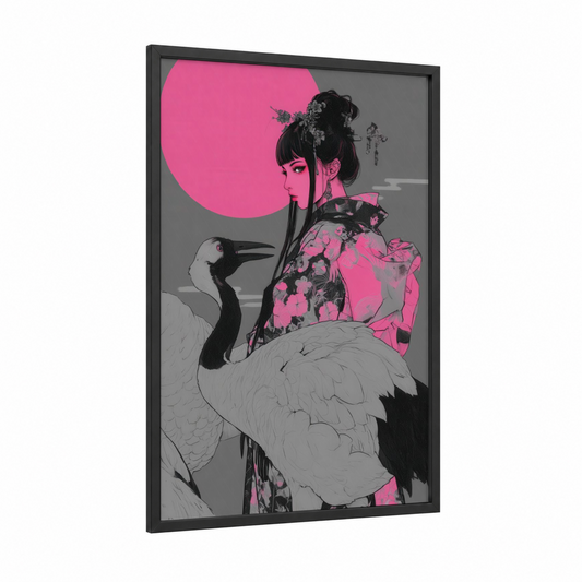 Ethereal Crane Maiden framed art print — black wood frame — magenta and black and white palette
