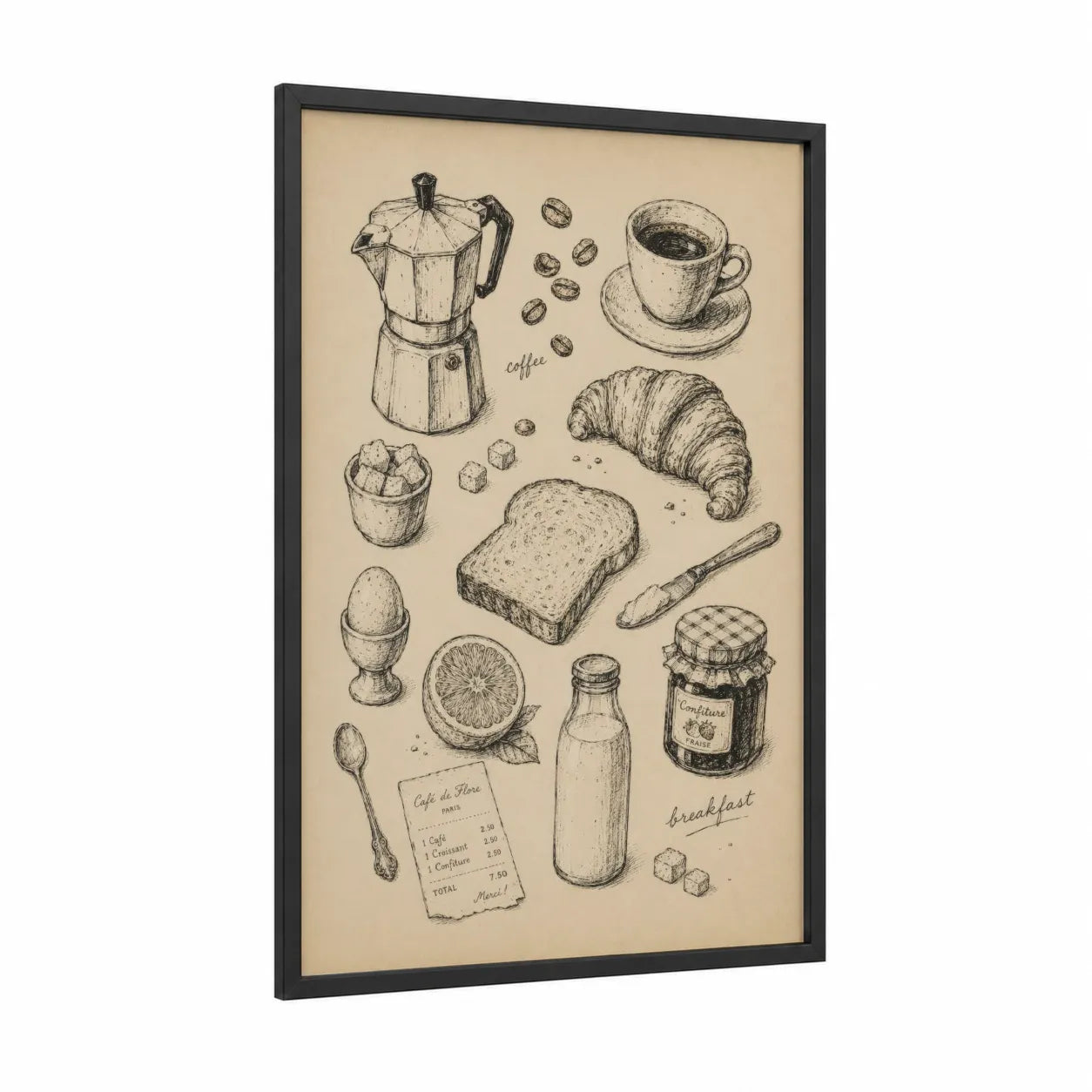 Coffee and Breakfast Illustration Wall Art framed art print — black wood frame — beige and black and white palette
