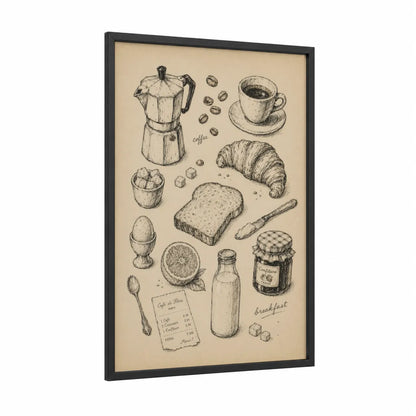 Coffee and Breakfast Illustration Wall Art framed art print — black wood frame — beige and black and white palette