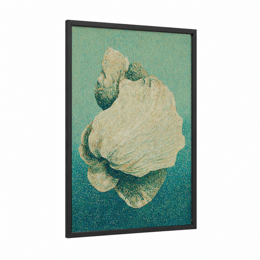 Coastal Oyster framed art print — black wood frame — turquoise and cream palette