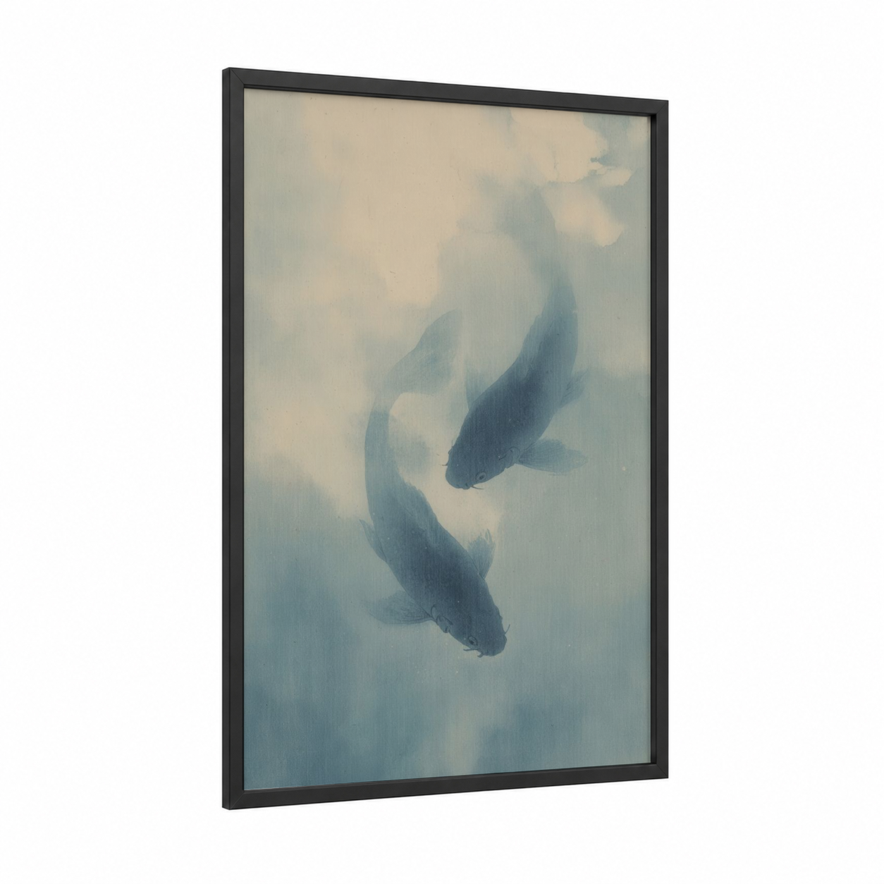 Ethereal Pisces framed art print — black wood frame — blue and cream palette