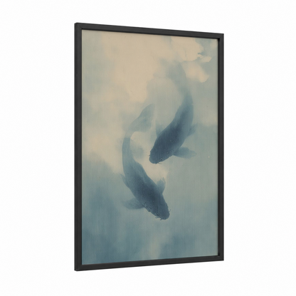 Ethereal Pisces framed art print — black wood frame — blue and cream palette