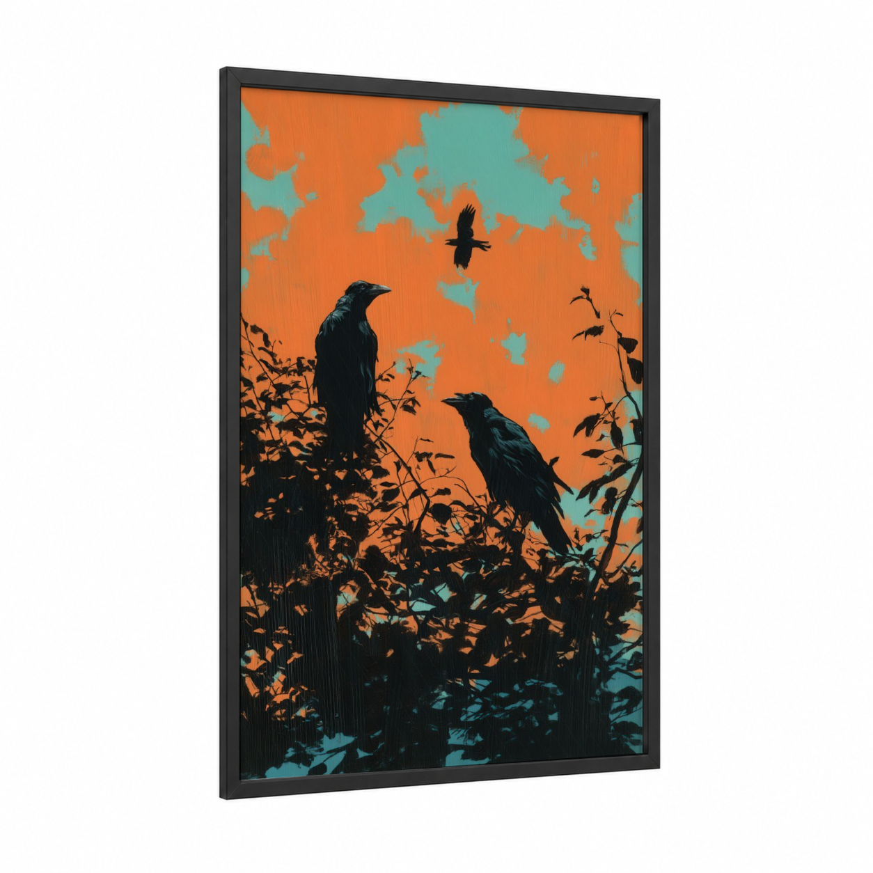 Sunset Ravens framed crows and ravens print — black wood frame — orange and teal palette