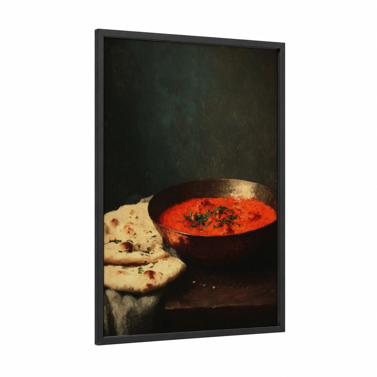 Spiced Curry Bowl framed poultry print — black wood frame — red and gold palette