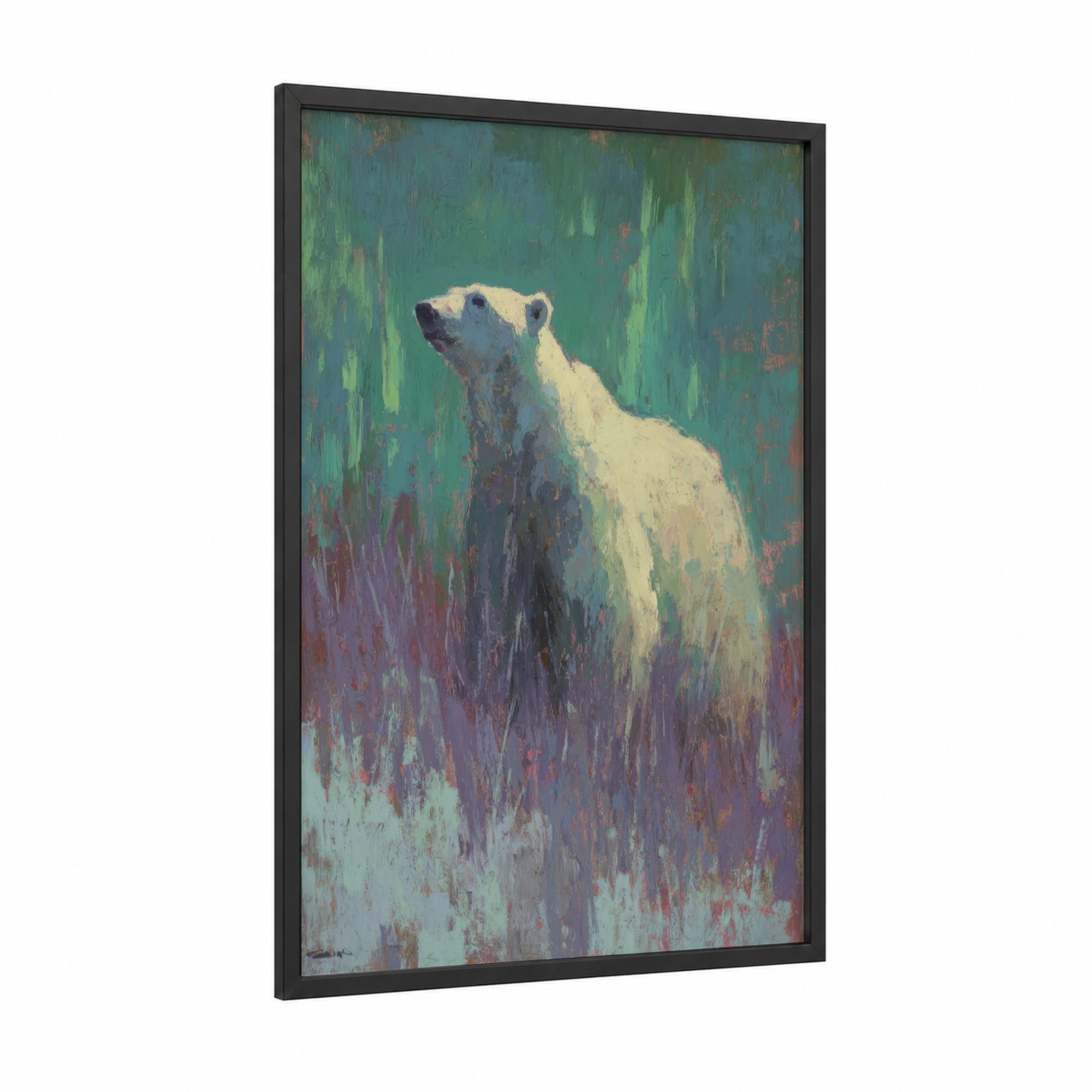 Arctic Sentinel framed polar bear print — black wood frame — teal and purple palette