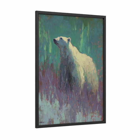 Arctic Sentinel framed polar bear print — black wood frame — teal and purple palette