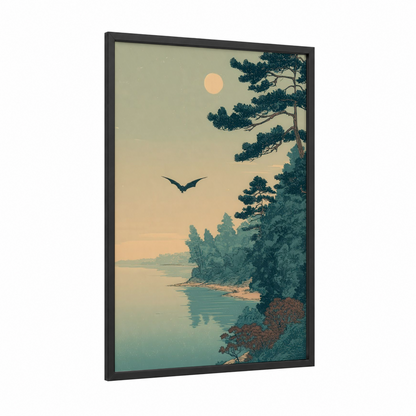 Twilight Bat Flight framed art print — black wood frame — sage green and gold palette