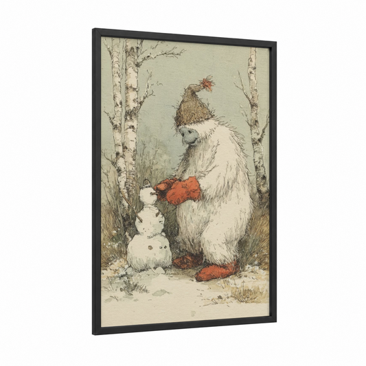 Snowy Yeti framed art print — black wood frame — cream and russet palette