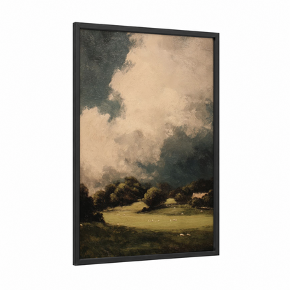Storm Cricket Field framed art print — black wood frame — true green and gray palette