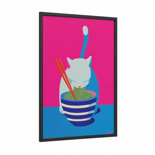 Noodle Cat framed art print — black wood frame — magenta and blue palette