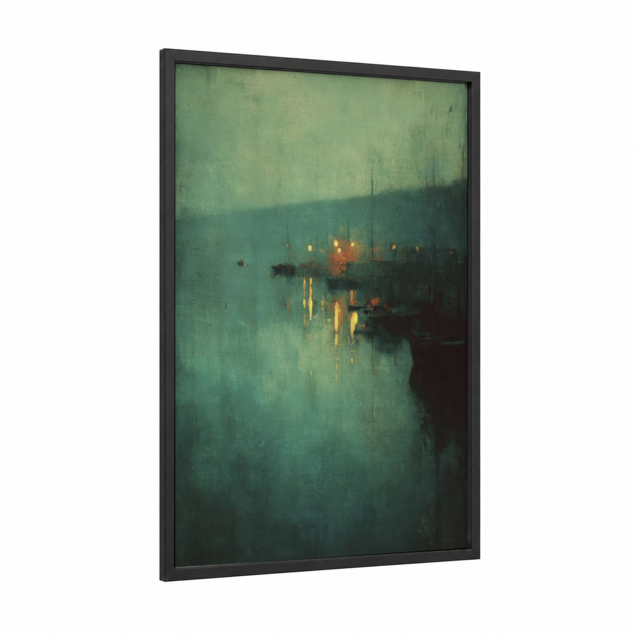 Misty Harbor Lights framed port print — black wood frame — teal and gold palette