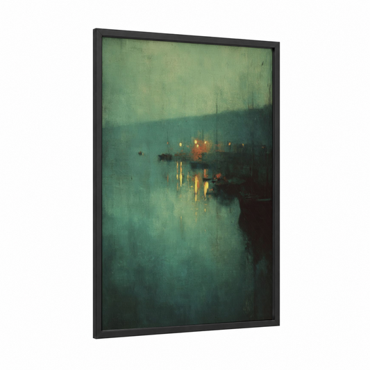 Misty Harbor Lights framed port print — black wood frame — teal and gold palette