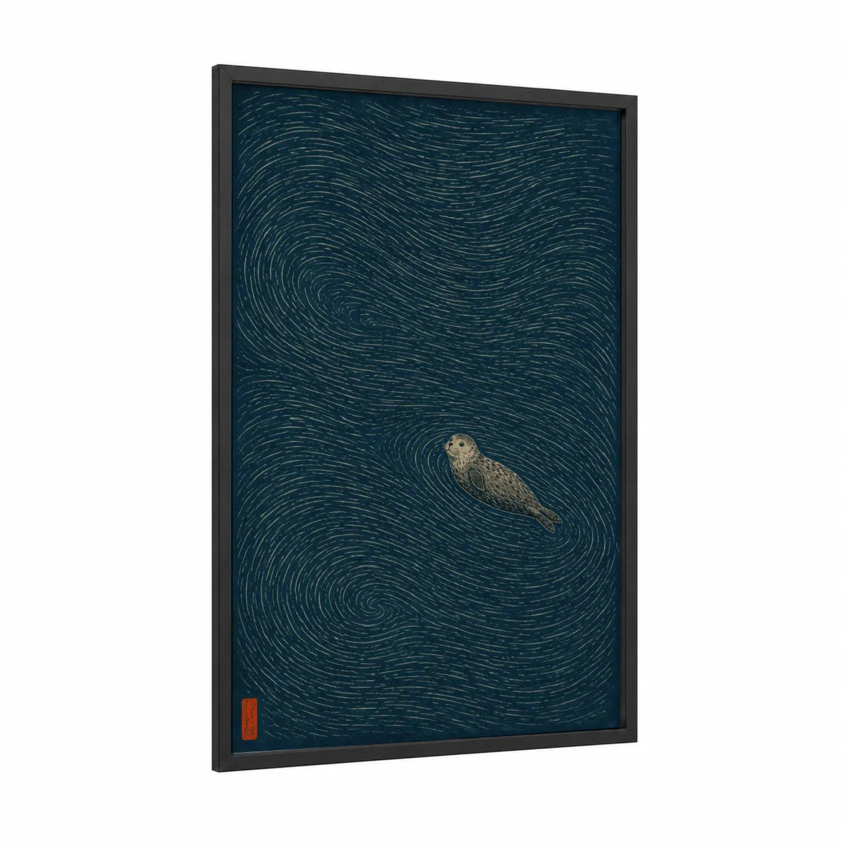 Sea Otter in Ocean Currents Wall Art framed sea urchin print — black wood frame — dark blue and teal palette