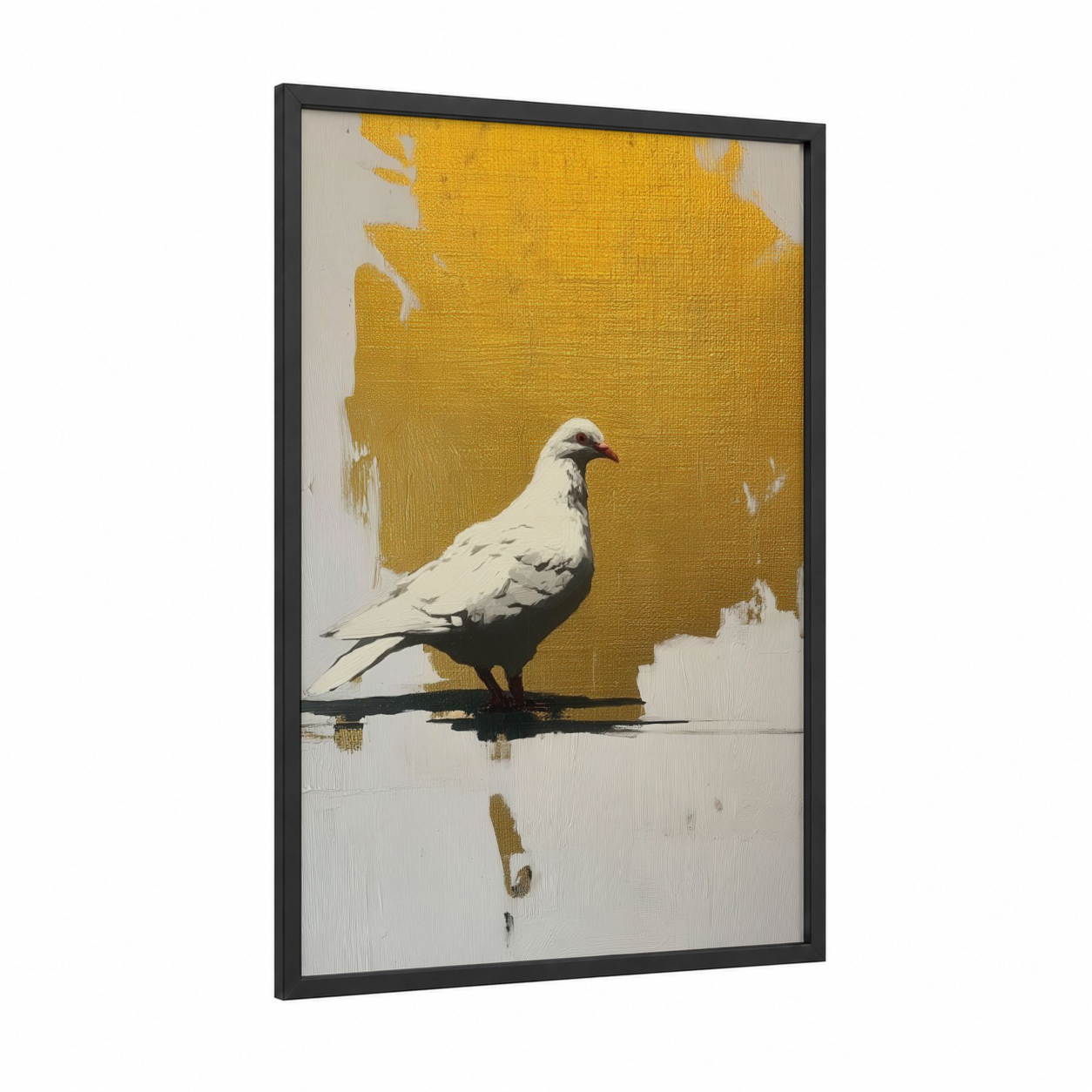 Golden Pigeon framed art print — black wood frame — yellow gold and cream palette
