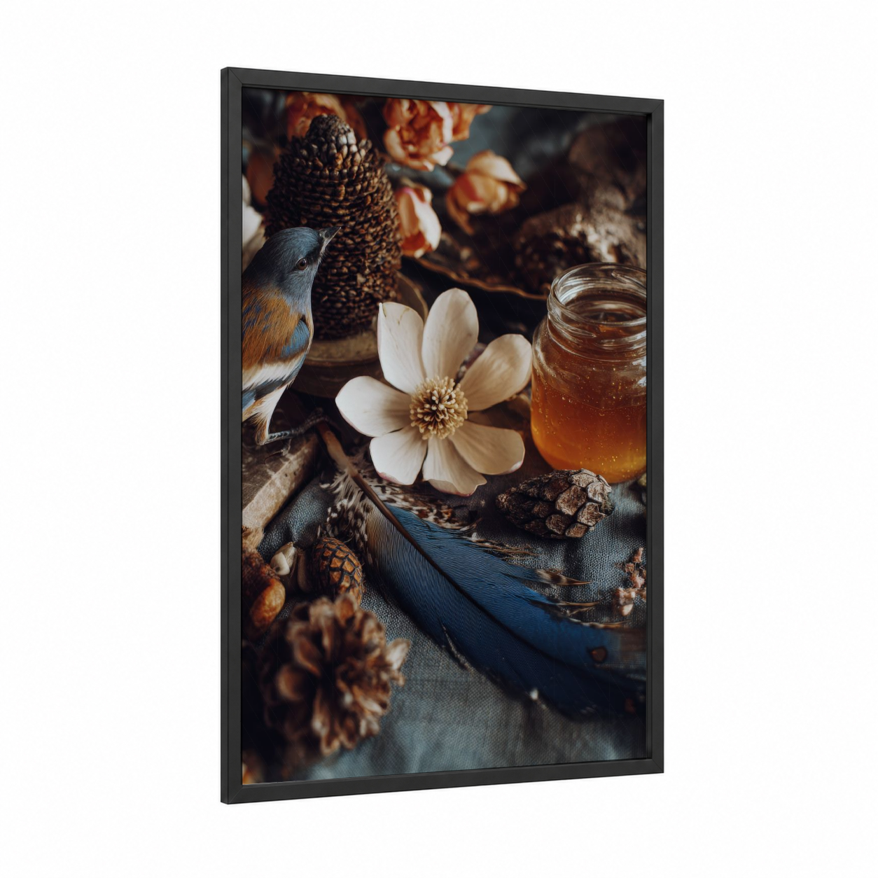 Autumn Blossom Study framed cherry blossoms print — black wood frame — gold and brown palette